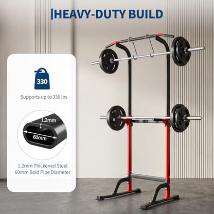 Power Tower Home Gym Strength Training Station Adjustable 10 Height Levels, Heavy-Duty Chin-Up Tower with Parallel Dip Handles, Bodyweight Workout Equipment for Pull-Ups, Dips, Knee Raises, Push-Ups, 330 Lb Capacity