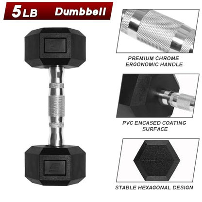 Ritfit 5-650 LBS PVC Encased Hex Dumbbell Sets with Optional Rack for Home Gym, Hand weight with Chrome Handle for Strength Training,Workouts - style: 2X5LBS
