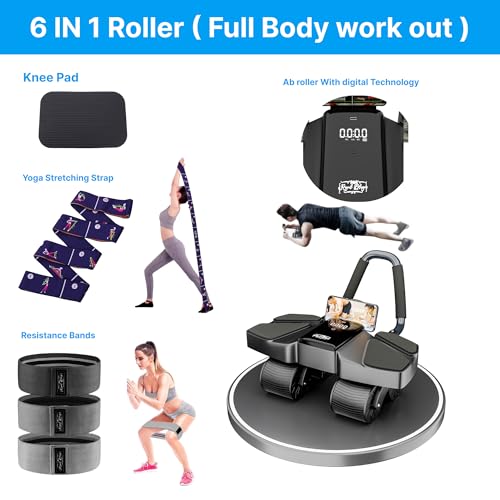 Ab Roller Home Gym Equipment – 4 Wheels Ab Wheel Muscle Roller with Automatic Rebound, Yoga Stretching Strap, 3 Resistance Bands – Comfortable Elbow Support with Non-Slip Handles – Built-in Workout Tracker