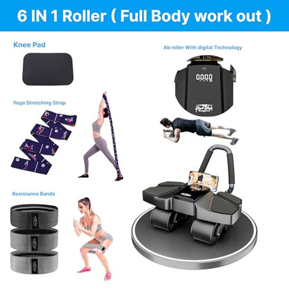 Ab Roller Home Gym Equipment – 4 Wheels Ab Wheel Muscle Roller with Automatic Rebound, Yoga Stretching Strap, 3 Resistance Bands – Comfortable Elbow Support with Non-Slip Handles – Built-in Workout Tracker