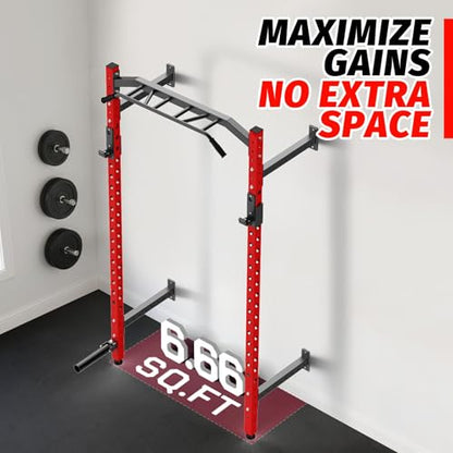 GAOMON Commercial Wall Mounted Squat Rack, Heavy Duty Carbon Steel Home Gym Equipment with Multi-Grip Pull Up Bar, j-Cups & Landmine Attachment for Home and Garage Gym, Red