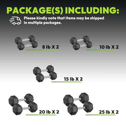 HANDBODE Rubber Coated Hex Dumbbell Set, 90-640 lb - size: 156 lb set (pair of 8, 10, 15, 20, 25)
