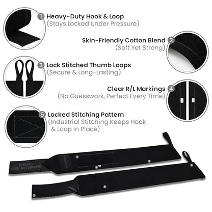18" OG-Grade Wrist Wraps for Weightlifting – Heavy Duty Wrist Support with Thumb Loop & Lockdown Strap – Wrist Straps for Powerlifting, Bench Press & Gym Training - color: Stealth Black