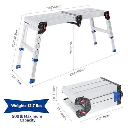 Foldable Aluminum Work Platform, 12.7 lb, Easy-Installation, Capacity of 500 lbs, Non-Slip, Step Stool for Adults with Adjustable Height, Heavy Duty & Portable Step Ladder