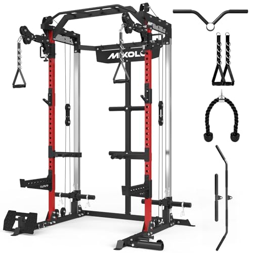 Mikolo Power Cage, 2000LB Power Rack with Independent Dual Pulley System, Multi-Function Home Gym Workout Machine for Cable Crossover and Squat - color: Red, size: Pivot Arm Package