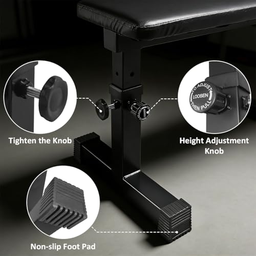 RAKON Height Adjustable Utility Flat Weight Bench 300 lbs Capacity for Strength Training and Ab Exercises, Black