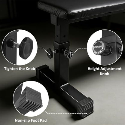 RAKON Height Adjustable Utility Flat Weight Bench 300 lbs Capacity for Strength Training and Ab Exercises, Black