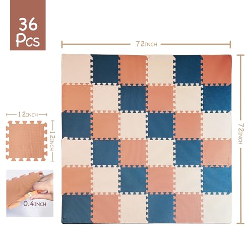 TCBunny Kids Soft EVA Foam Jigsaw Puzzle Play Mat, 36 Interlocking Tiles and Edges Baby Play Mat, for Kids Gym, Nursery, Playroom, Pet Mat, Total Floor Coverage 32 Sq Ft, Blue/Pink/Cream