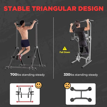 Folding Power Tower Dip Station Pull Up Bar, Multifunctional Pull Up Tower Adjustable Height, Triangular Structure Strength Training Workout Equipment for Home Gym Fitness