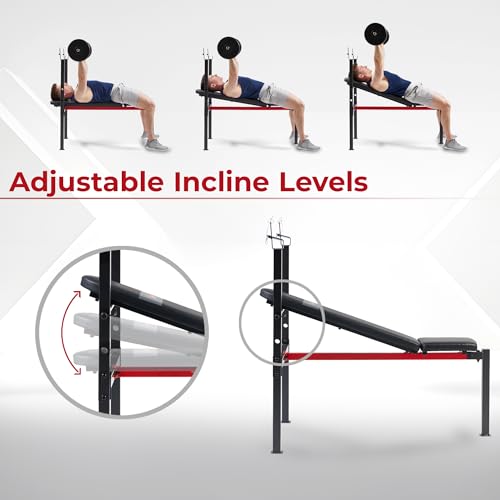 Sunny Health & Fitness Multi-Function Adjustable Weight Bench with Squat Rack & Barbell Rack, Full Body Strength Training Equipment for Home Gym with Optional Leg Developer & Preacher Curl