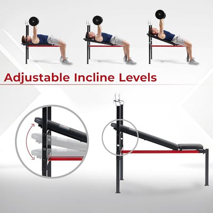 Sunny Health & Fitness Multi-Function Adjustable Weight Bench with Squat Rack & Barbell Rack, Full Body Strength Training Equipment for Home Gym with Optional Leg Developer & Preacher Curl