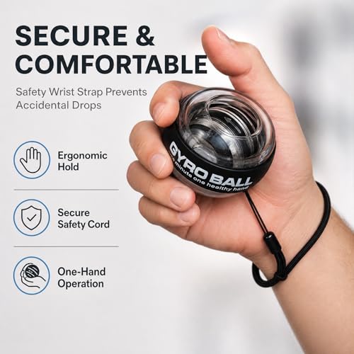 Gyro Ball Wrist Trainer, Auto Start Grip Strength Trainer with Battery-Free Self-Generating LED Lights, Forearm Trainer and Hand Exerciser, Torque Ball for Fitness, Office and Gaming - color: Black