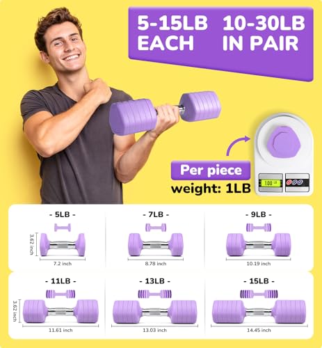 Adjustable Dumbbell Set of 2, 10LB 20LB 30LB Weight Set - color: Purple, size: 30 lbs Total-(15LB Each)