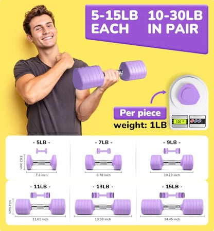Adjustable Dumbbell Set of 2, 10LB 20LB 30LB Weight Set - color: Purple, size: 30 lbs Total-(15LB Each)