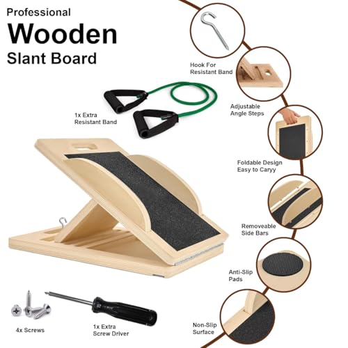 3-in-1 Portable Wooden Slant Board, Balance Board & Resistance Band – 5 Incline Angles –Incline Board – Slant board for exercise, Squats, Physical Therapy – Anti-Slip Surface, Portable, Metal Hook