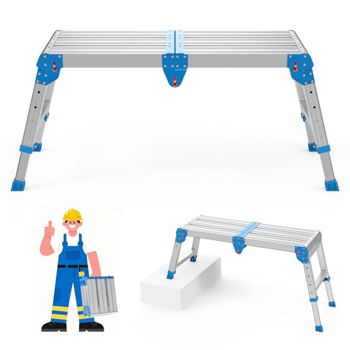 Work Platform 500 Lbs, Folding Step Stool with One-Touch Automatic Fold, 4 Height Adjustment Step Platform, Perfect for RV Cleaning, Home Painting and Reaching High Places, Larger, Blue