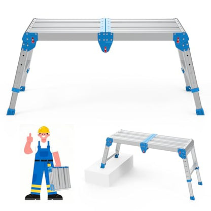 Work Platform 500 Lbs, Folding Step Stool with One-Touch Automatic Fold, 4 Height Adjustment Step Platform, Perfect for RV Cleaning, Home Painting and Reaching High Places, Larger, Blue