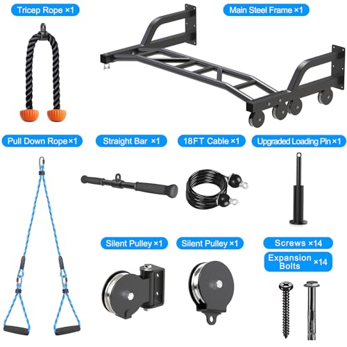 SELEWARE 48'' Heavy Duty Pull Up Bar Wall Mount Multi-function Chin up Bar with Home Gym Cable Pulley System LAT Pulldown Workout Attachments Heavy Bag Hanger - color: A. Black Pull Up Bar with Cable Pulley System