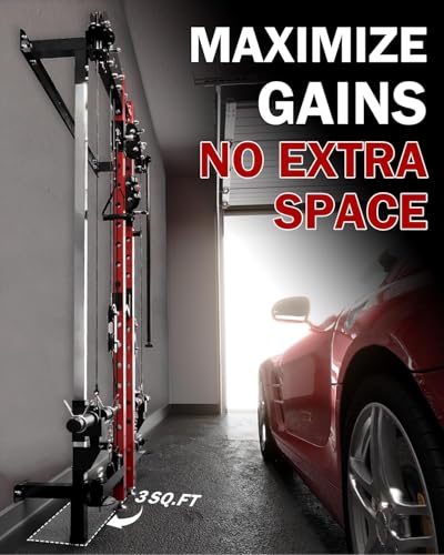 Mikolo Folding Squat Rack, Wall Mounted Power Rack with Cable Crossover Machine & LAT Pull Down, Functional Trainer with 5 Adjustable Function Modes, for Home Gym and Space Saving - color: Red, size: WR00 Ultra (Alum Pulleys)