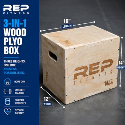 Rep Plyometric Wood Jump Box | CrossFit & Strength Training | 12 to 30" Range of Wooden Step Platforms | Gym & Sports Workouts | Fitness, Exercise, Physical Therapy Equipment | Pro Conditioning Tool - size: Small, 16" x 14" x 12"