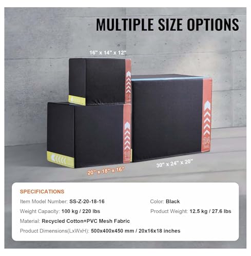 Plyometric Jump Box 3-in-1, 20/18/16 Inch - Cotton Plyo Box for Fitness, Agility & Strength Training - Step Up Platform - Home Gym Equipment - Black