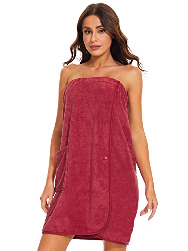 Knuffnee Women Bath Towel Robe Spa Body Wrap Shower Bathrobe Adjustable Snap Closure - color: Wine Red, size: Large