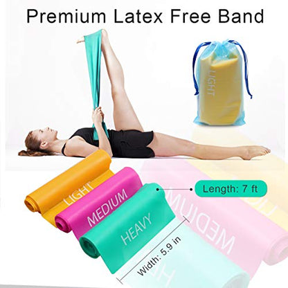 7FT. Long Latex Free Elastic Flat Exercise Band Set of 3 with Carry Bag, Wide Fitness Resistance Bands for Pilates, Gym, Physical Therapy, Yoga, Carry Bag, Green & Yellow & Rose Red