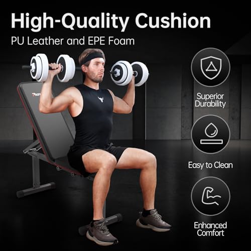 PASYOU Adjustable Weight Bench, 660LBS Foldable Workout Bench, Multi-Angle Incline Exercises Bench Compact Bench Press Full Body Strength Training Bench for Home Gym, Free-Assembly
