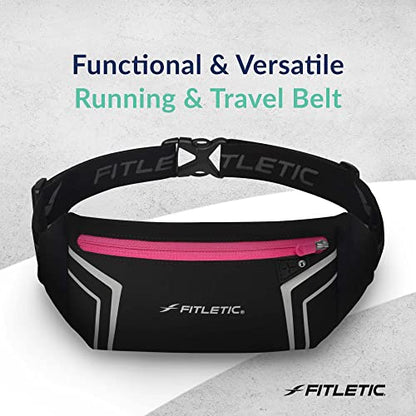 Fitletic Modern Sports Running Belt For Men & Women – Water Resistant Pouch - Fits All Smart Phones- Lightweight, Low Profile Design –Lycra Coated With Inner Card Organizer Pocket Black/Pink Zipper - color: Black / Pink Zipper
