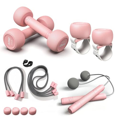 HTQ Adjustable Dumbbells, 5 in 1 Dumbbells Set Used as Barbell, Kettlebells, Jump Rope, Wrist Weights, Resistance Band, Fitness Exercises for Home Gym Suitable for Women, Pink/Green