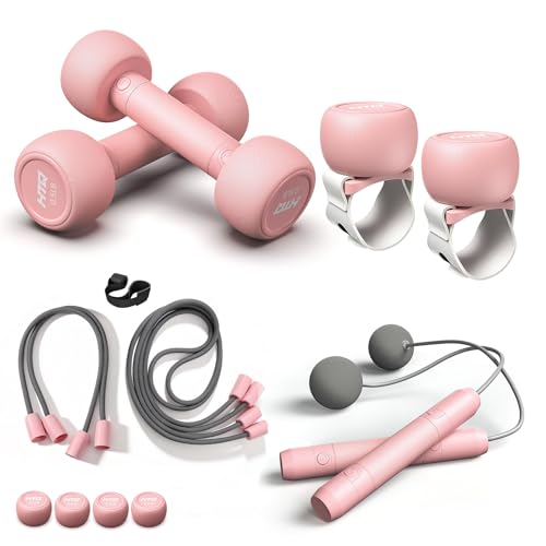 HTQ Adjustable Dumbbells, 5 in 1 Dumbbells Set Used as Barbell, Kettlebells, Jump Rope, Wrist Weights, Resistance Band, Fitness Exercises for Home Gym Suitable for Women, Pink/Green