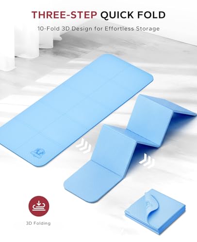 HAPBEAR Foldable Yoga Mat - 72"x24"x0.24" (6mm), Non-Slip TPE Exercise Mat for Home Workout, Yoga, Pilates,Stretching, & Travel, Durable & Eco-Friendly, Includes Carry Bag - color: Blue