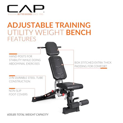 CAP Barbell Adjustable Training Utility Weight Bench | Multi-Position Incline Bench with 6 Backrest Adjustments, Leg Anchor, Wheels & 600 LB Capacity | Home Gym Strength Bench
