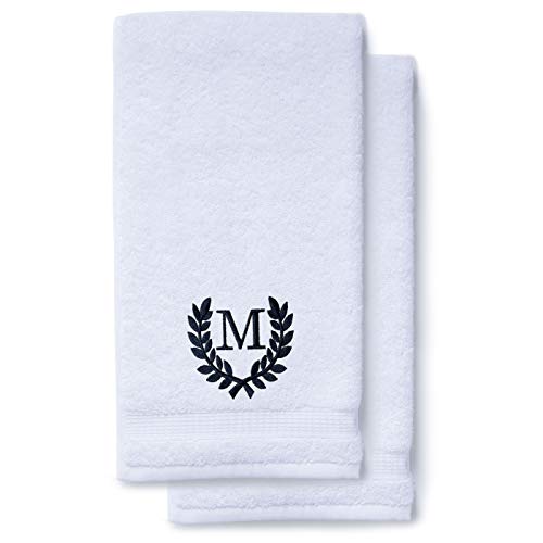 Decorative and Monogrammed Hand Towels for Bathroom Kitchen Makeup | Personalized Gift for Wedding-Bridal | Roman Font Custom Luxury Turkish Towel | Spa Collection, Oversized, 16 X 30 Inch, Set of 2 - color: Navy Blue, size: Initial M