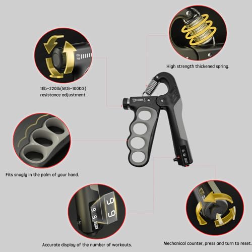 Grip Strength Trainer, Hand Grip Strengthener, Forearm Strengthener, Adjustable Resistance 11 Lbs - 220 Lbs, Ergonomic Design - color: grey