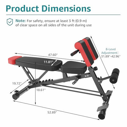 OLIXIS Adjustable Weight Bench, 660 LBS Foldable Workout Bench Press | Heavy Duty Chest Press Machine with Hyper Back Extension & 2 Wheels, for Flat Incline Decline Sit Up for Home Gym - color: Black & Red