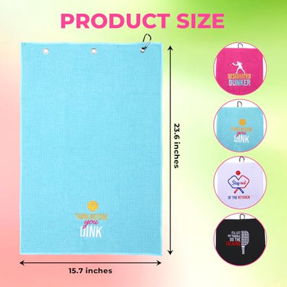 4 Pcs Pickleball Towels, Microfiber Embroidered Waffle Athletic Towel 16" x 24" with Clip Pickleball Fan Accessories for Women Men Ball Gifts Gym Towels