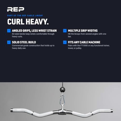 REP Fitness LAT Pulldown and Low Row Cable Machine Attachments and Functional Trainer Attachments – Curl Bar, D-Handle, Ankle Cuff, Tricep Rope, Sports Handle, Straight Bar, Row, Chinning Triangle - style: Multi Grip Curl Bar