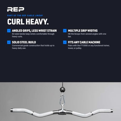 REP Fitness LAT Pulldown and Low Row Cable Machine Attachments and Functional Trainer Attachments – Curl Bar, D-Handle, Ankle Cuff, Tricep Rope, Sports Handle, Straight Bar, Row, Chinning Triangle - style: Multi Grip Curl Bar