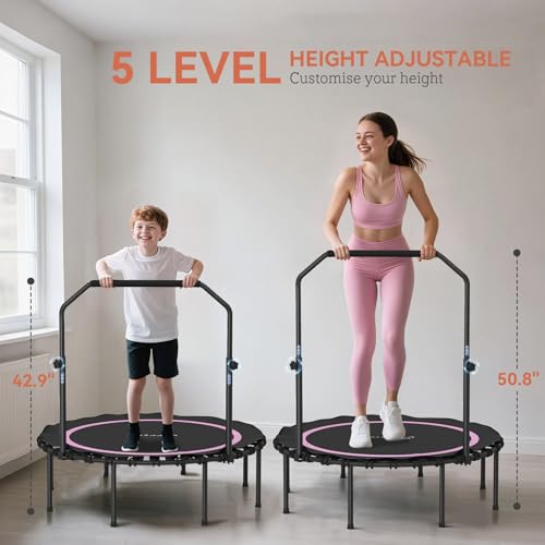40/48 Inch Foldable Fitness Trampoline – Adjustable Foam Handle, Quiet Stable Rebounder for Home Gym, Kids & Adults – Indoor/Outdoor Exercise Equipment - color: Pink