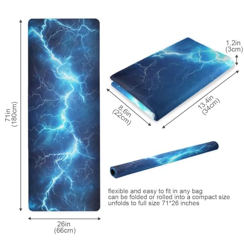 Kigai Travel Yoga Mat 71" x 24" Non Slip Natural Rubber Foldable Exercise Mat Ultra Thin 1.5mm Lightweight for Fitness, Pilates & Home Workout, Blue Lightning