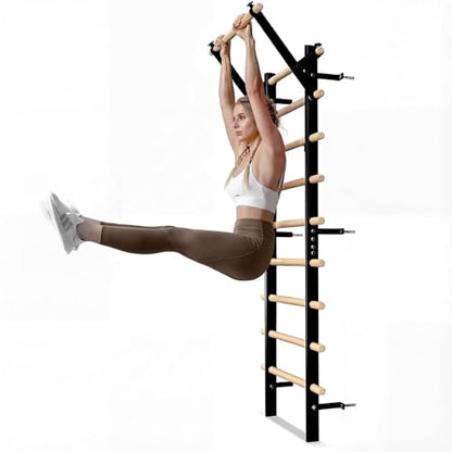 GMWD Swedish Ladder, Stall Bar, Suspension Trainer with Pull-Up Bar and Dip Bar Attachments, Wooden Stall Bar with 9 Strategic Rods for Core Strengthening and Stretching Balanced for Body Exercises