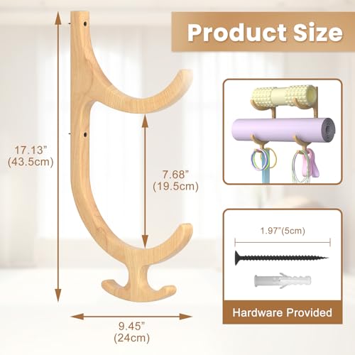 Wooden Yoga Mat Holder Wall Mount, Yoga Mat Storage Rack, Home Gym Equipment Organizer, Wall Mount Workout Storage Holder for Hanging Foam Rollers and Resistance Bands