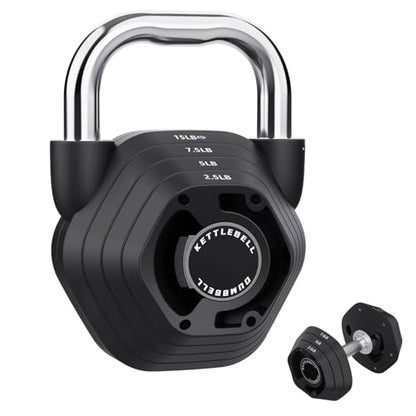 2-in-1 Adjustable Kettlebell, 15-45lbs Kettlebells Weight Set | Converts to 5.9-30.9lbs Adjustable Dumbbell, Home Gym, Strength Training, Full Body Workout, Cast Iron - color: Black