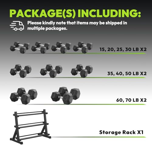 HANDBODE Hex Dumbbell Set with Rack, 300-840 lb Rubber Coated Fixed Weights Sets with Heavy Duty Storage Stand, Hexagon Shape, Multiple Weight Options Home Gym Equipment for Strength Training - style: 690 lb Set (15-70 lb) with Rack