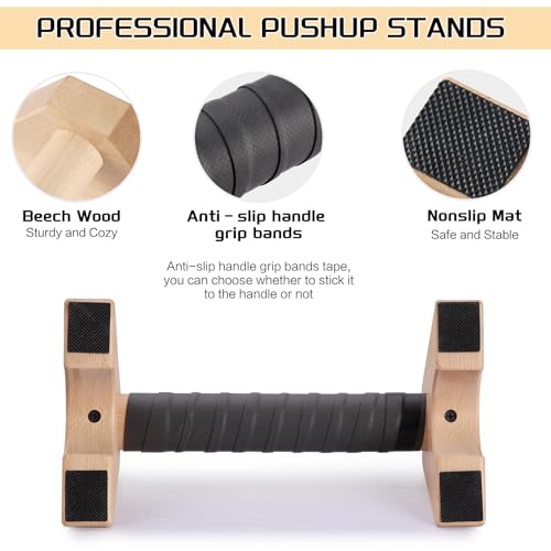 Push Up Stands, Handstand Parallettes Bars, Solid Wood Push Up Bars with Non-Slip Mat Push up Handles for Floor Exercise Home Workout Equipment for Men & Women Strength Training