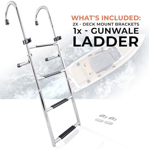 B00365-4 Step Gunwale-Mounted Removable Ladder | Marine 304 Stainless Steel Heavy-Duty Boarding Ladder | Corrosion-Resistant w/Deck Mount Brackets | Non-Slip Steps for Boats & Yachts
