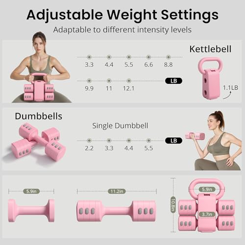 2-in-1 Adjustable Dumbbell Set for Women - 4 Levels (2.2lbs to 12.1lbs) - Home Gym Weights for Women at Home - Fitness Dumbbells