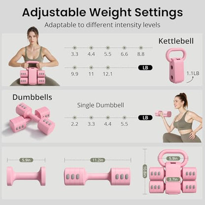 2-in-1 Adjustable Dumbbell Set for Women - 4 Levels (2.2lbs to 12.1lbs) - Home Gym Weights for Women at Home - Fitness Dumbbells