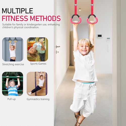 LIOOBO Gymnastics Rings Set with Adjustable 1m Straps, Blue and Red Pull up Rings for Indoor Strength Training, Gymnastics Equipment for Grip and Arm Workout